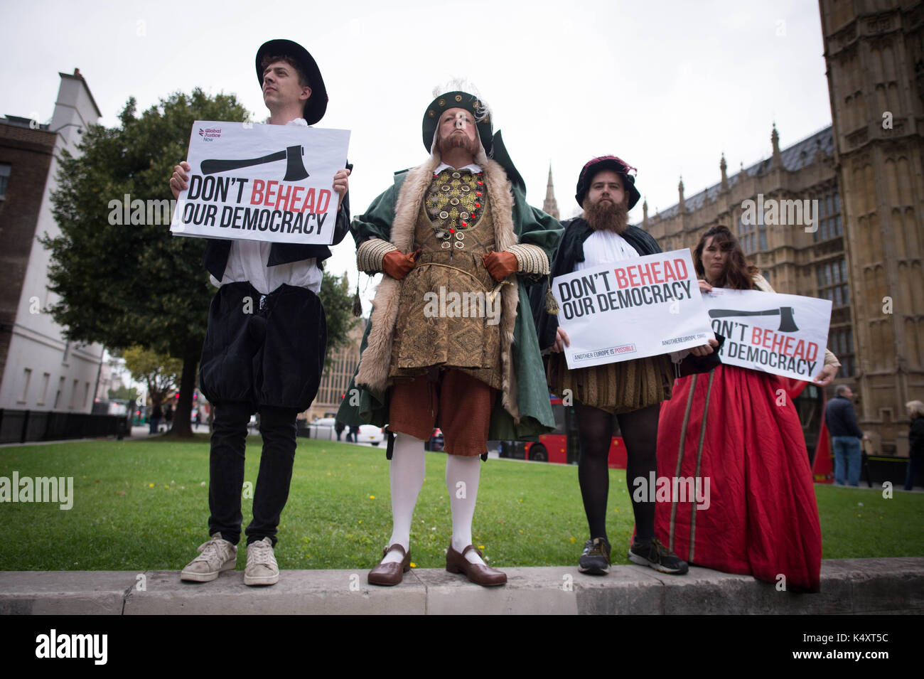 Protesters from the group, Another Europe Is Possible and Global Justice Now dressed as Henry VIII on College Green in London, as the EU Withdrawal Bill is debated in Parliament. Stock Photo
