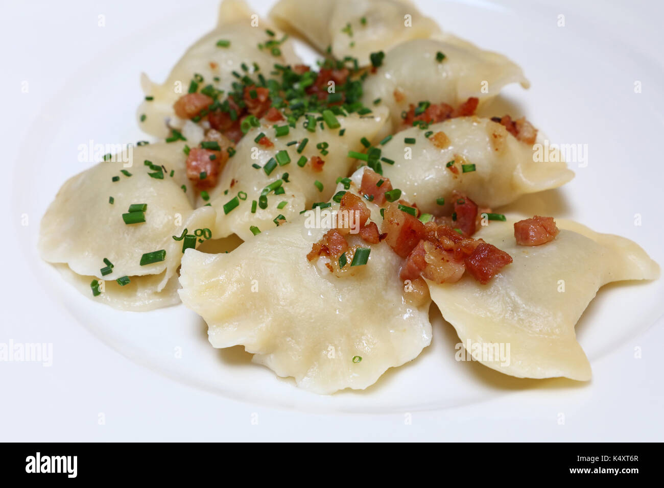 Plate of pierogi or varenyky stuffed filled dumplings with bacon and green chive onion, traditional East Europe cuisine meal popular in Poland, Ukrain Stock Photo