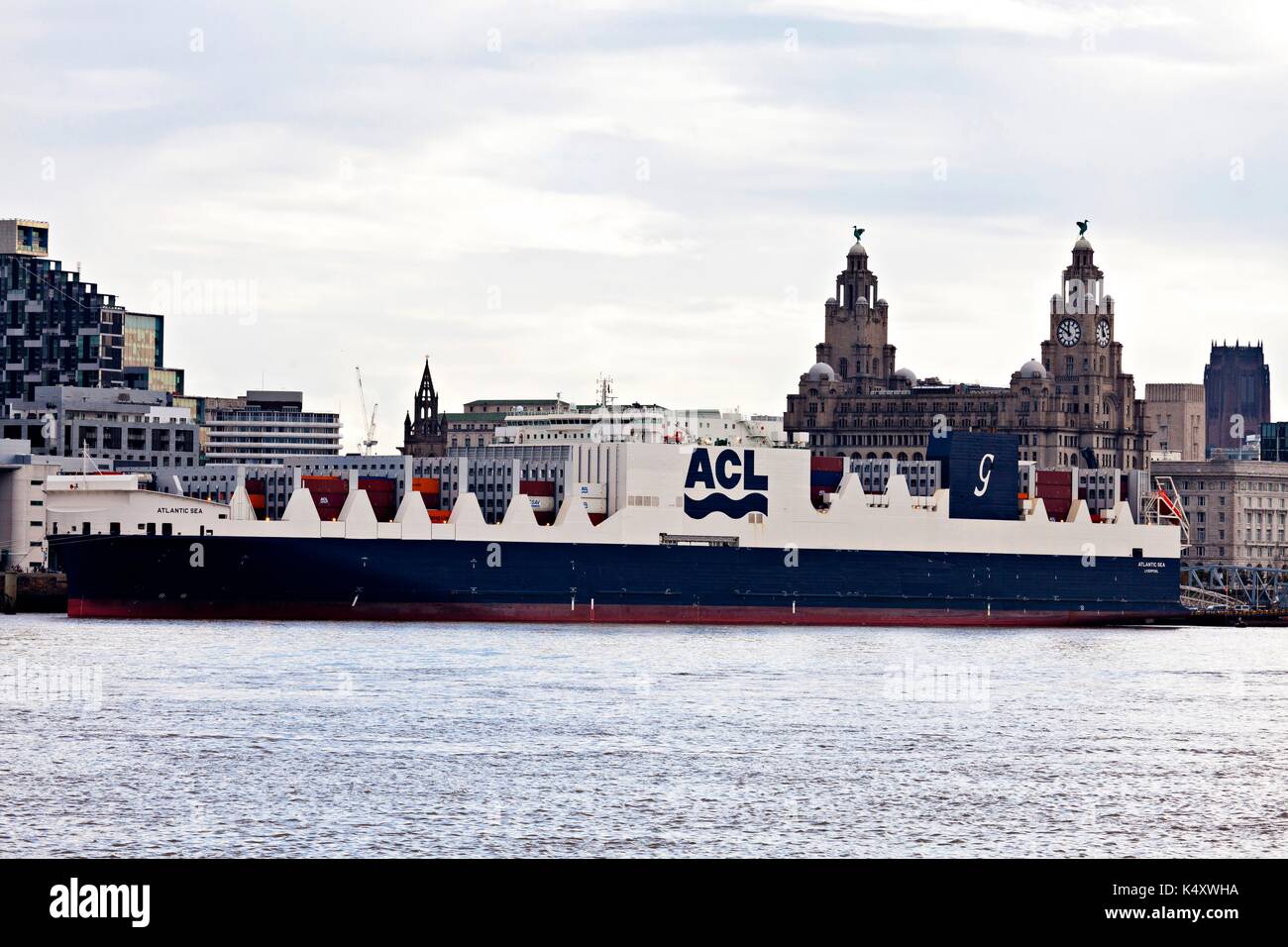 ACL (Atlantic Container Line) vessel, Atlantic Sea, built 2016, at the Landing Stage, Liverpool. The 55,649-ton, 296m vessel can carry 3,800 TEUs. Stock Photo