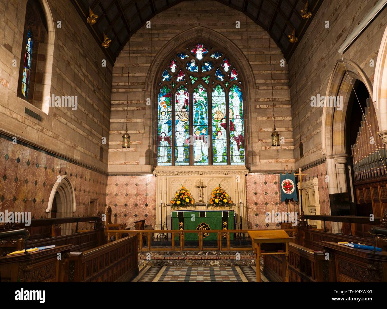 Stained glass windows by Edward Burne-Jones, Church of All Hallows, Allerton, Liverpool, Church is noted for its stained glass windows and sculptures. Stock Photo