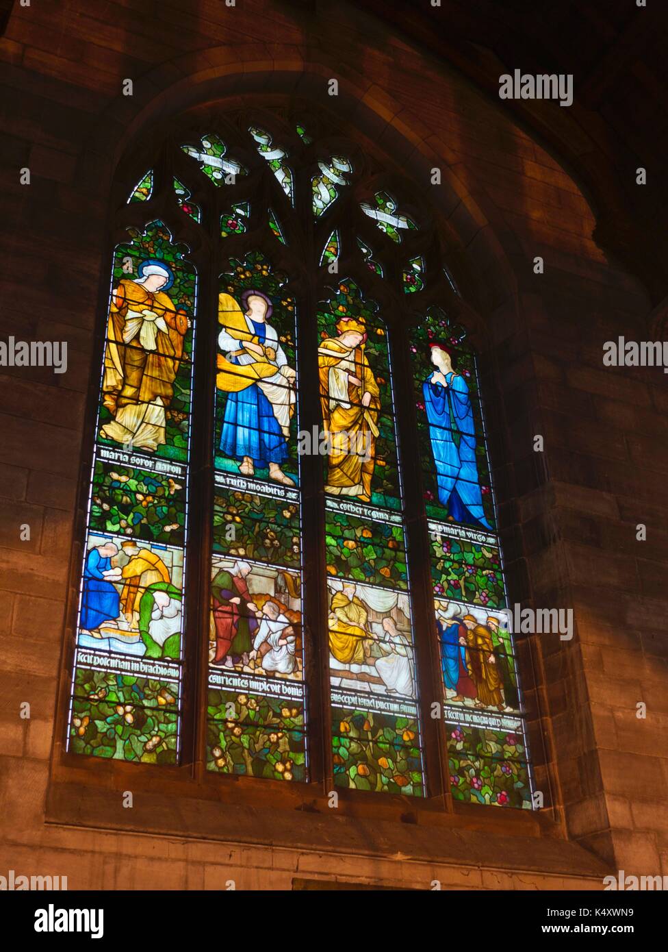Stained glass windows by Edward Burne-Jones, Church of All Hallows, Allerton, Liverpool, Church is noted for its stained glass windows and sculptures. Stock Photo