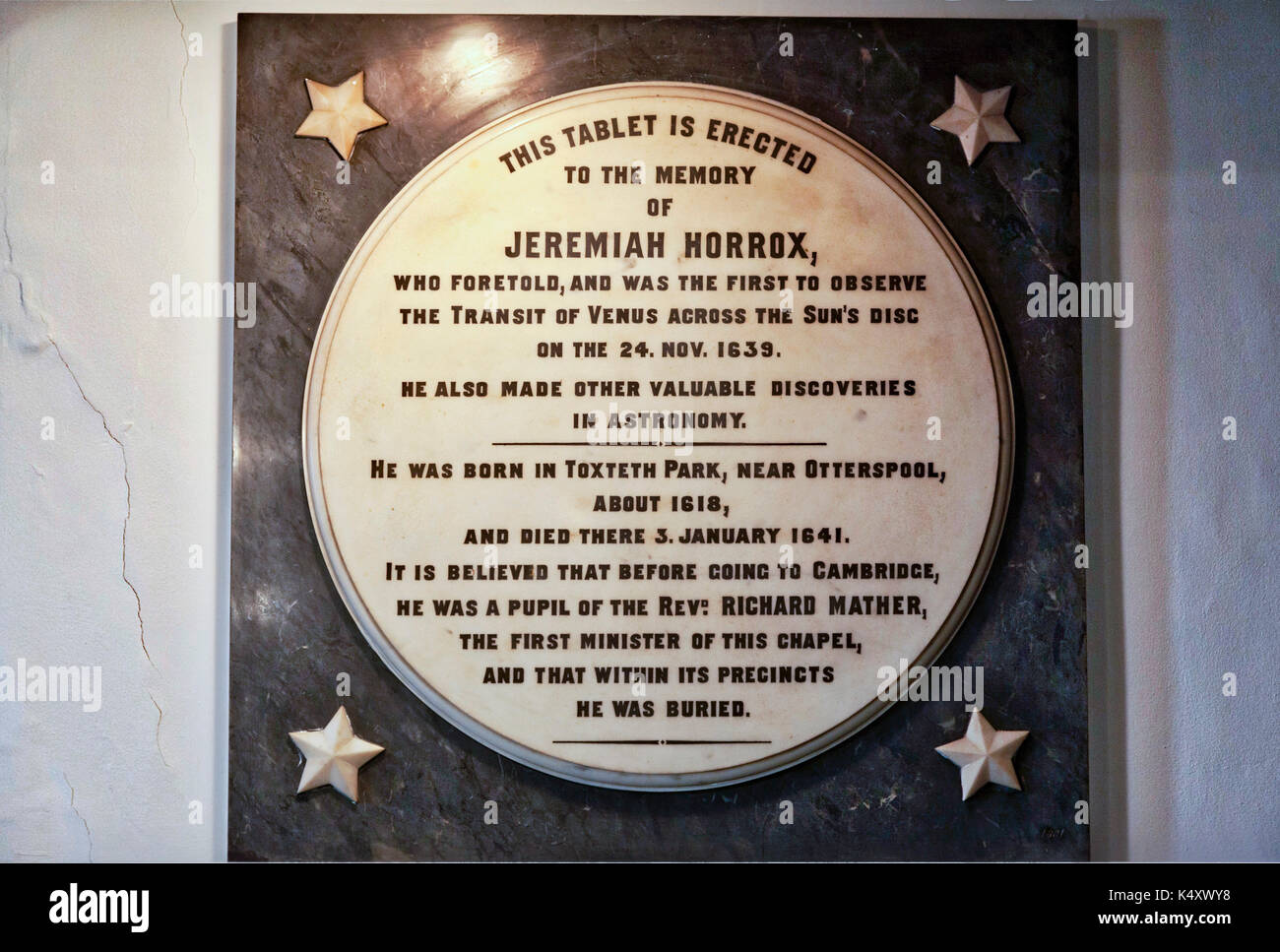 Jeremiah Horrocks memorial tablet inside the Ancient Chapel of Toxteth, Liverpool. Horrocks (or Horrox), first in world to observe transit of Venus. Stock Photo