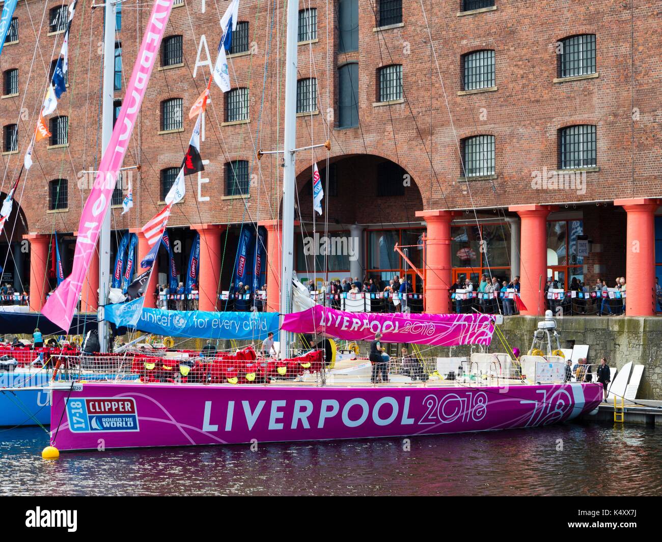 Yachts competing in the 2017 Clipper Race before the start at Albert Dock, Liverpool. Stock Photo