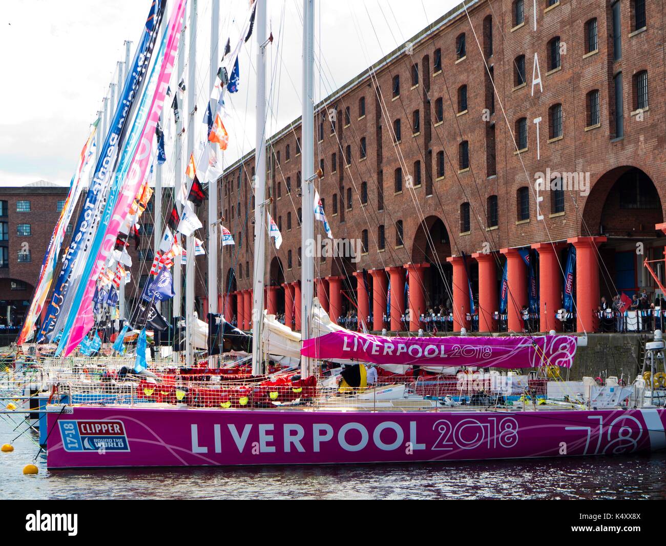 Yachts competing in the 2017 Clipper Race before the start at Albert Dock, Liverpool. Stock Photo