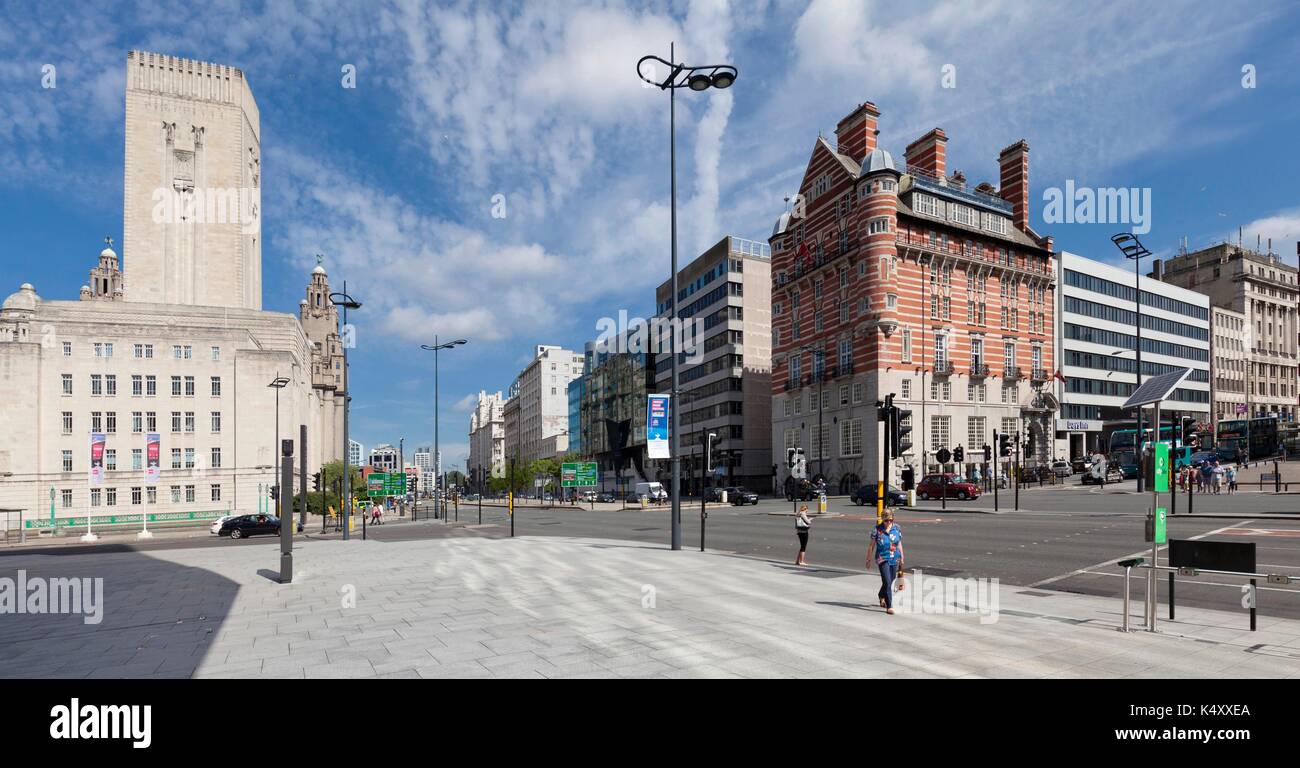 The Strand, Liverpool, at its junction with James Street showing, left, George's Dock Ventilation Station and, right, former White Star HQ, now hotel. Stock Photo