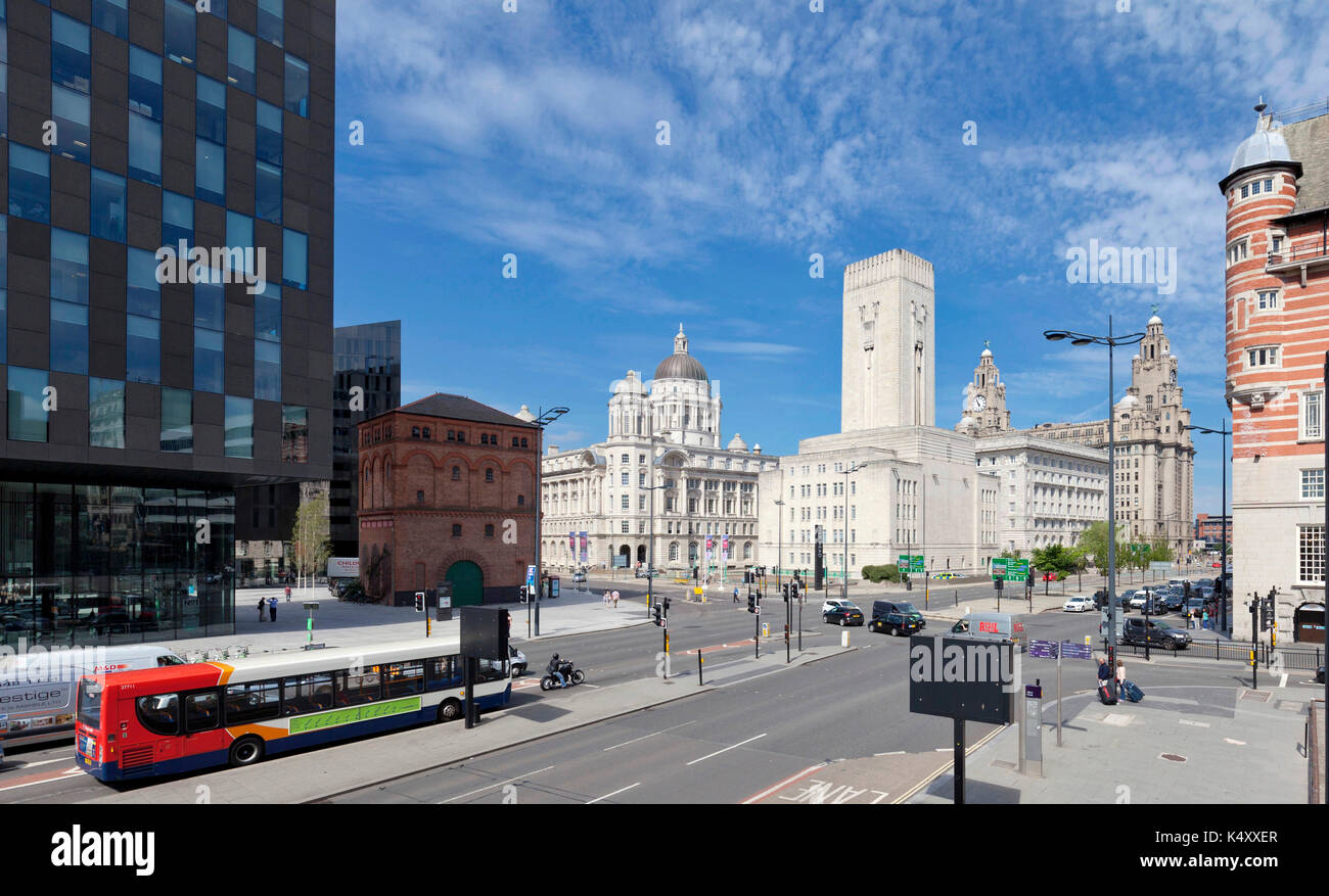 The Strand, Liverpool, at its junction with James Street showing, centre, Pier Head group of buildings and, right, former White Star HQ, now hotel. Stock Photo