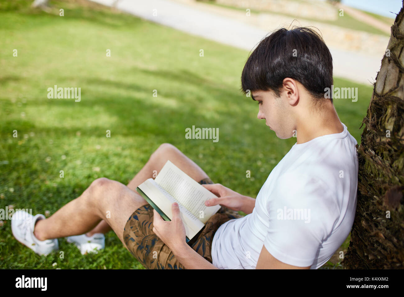 Portrait of young man sitting on grass reading book Stock Photo