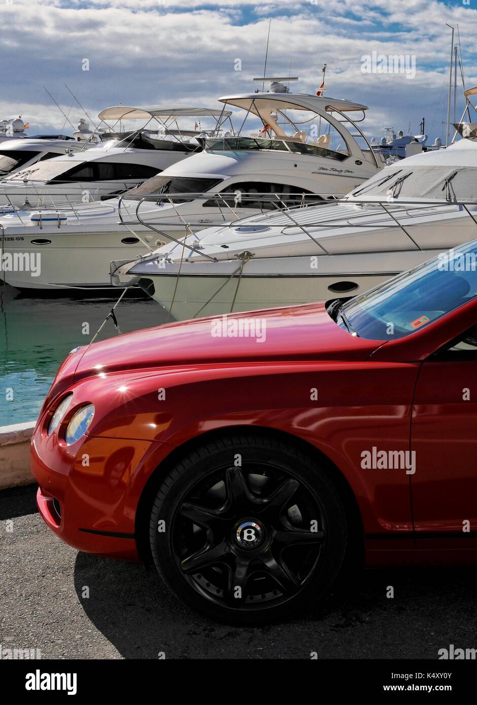 Bentley car at marina. Puerto Banus, Marbella, Costa del Sol. Stock Photo