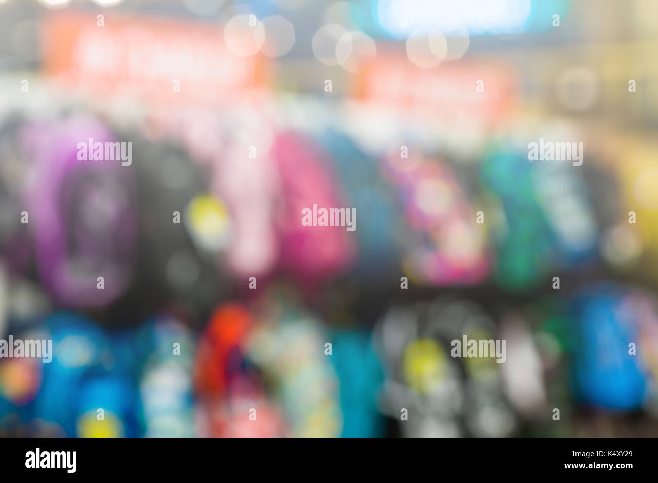 Abstract blurred background school backpack store on a shopping mall