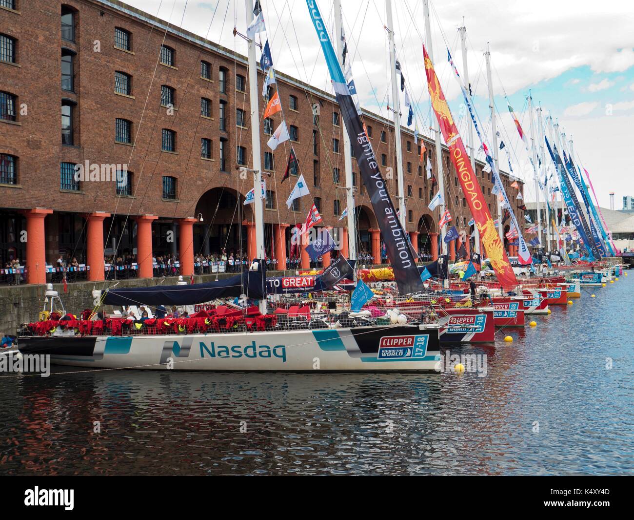 Yachts competing in the 2017 Clipper Race before the start at Albert Dock, Liverpool. The Nasdaq sponsored yacht is in the foreground. Stock Photo