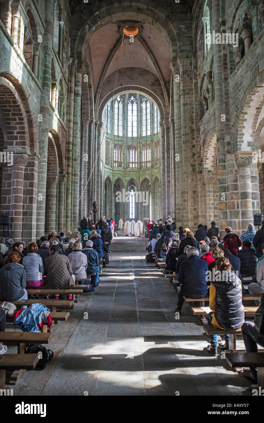 Mont Saint-Michel (Saint Michael's Mount), on 2016/10/16: revels for the 1050th anniversary of the monastic presence on Mont Saint-Michel. It was in 9 Stock Photo