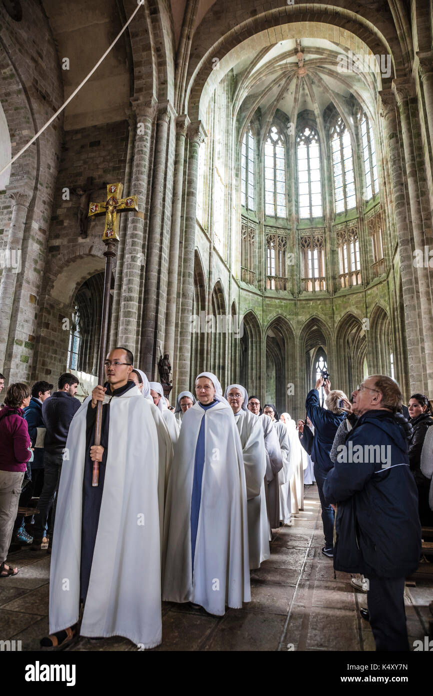 Mont Saint-Michel (Saint Michael's Mount), on 2016/10/16: revels for the 1050th anniversary of the monastic presence on Mont Saint-Michel. It was in 9 Stock Photo