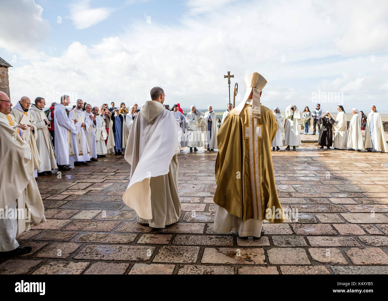 Mont Saint-Michel (Saint Michael's Mount), on 2016/10/16: revels for the 1050th anniversary of the monastic presence on Mont Saint-Michel. It was in 9 Stock Photo