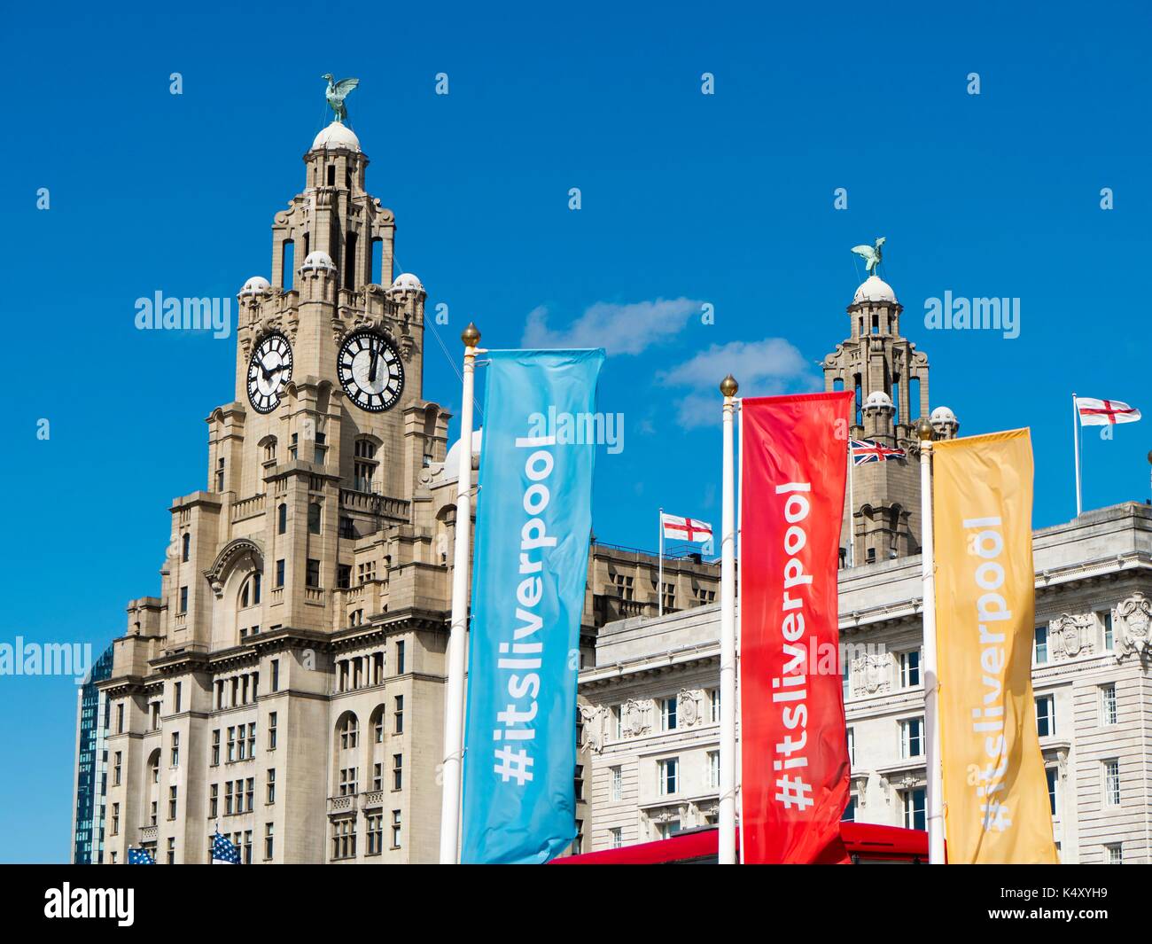 Royal Liver Building, Pier Head, Liverpool, showing Liverpool banners. Stock Photo