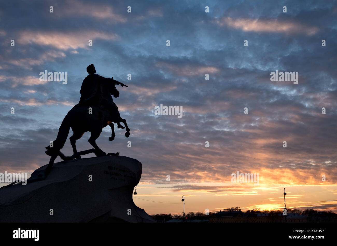 Silhouette of Bronze Horseman statue aganst sunset sky in Saint-Petersburg, Russia Stock Photo