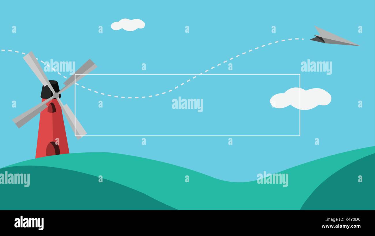 Vector image of paper rocket flying over windmill Stock Vector