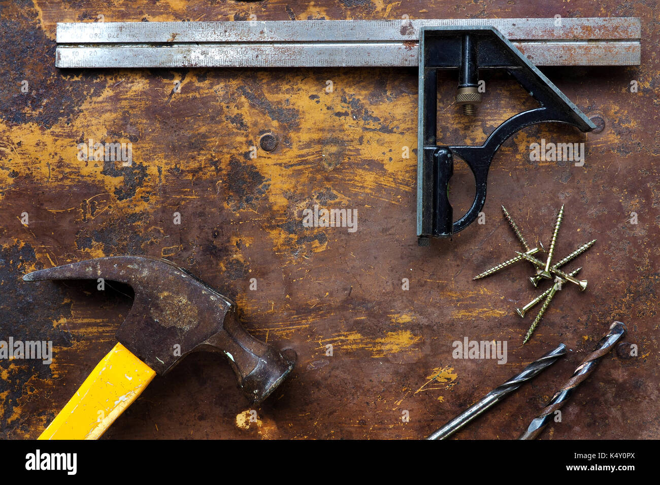 Set square and tools on textured surface Stock Photo