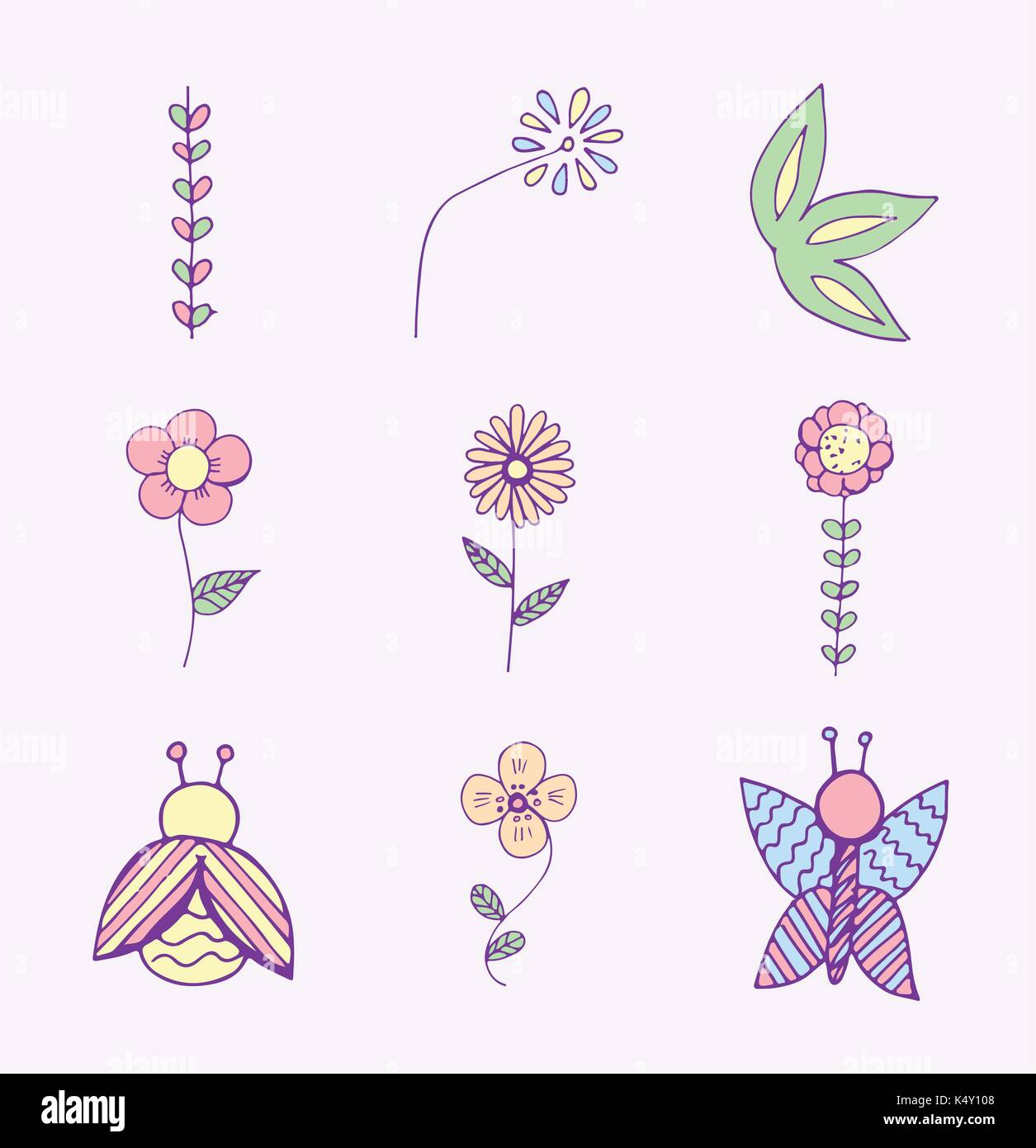 Vector set of various flowers and insects Stock Vector