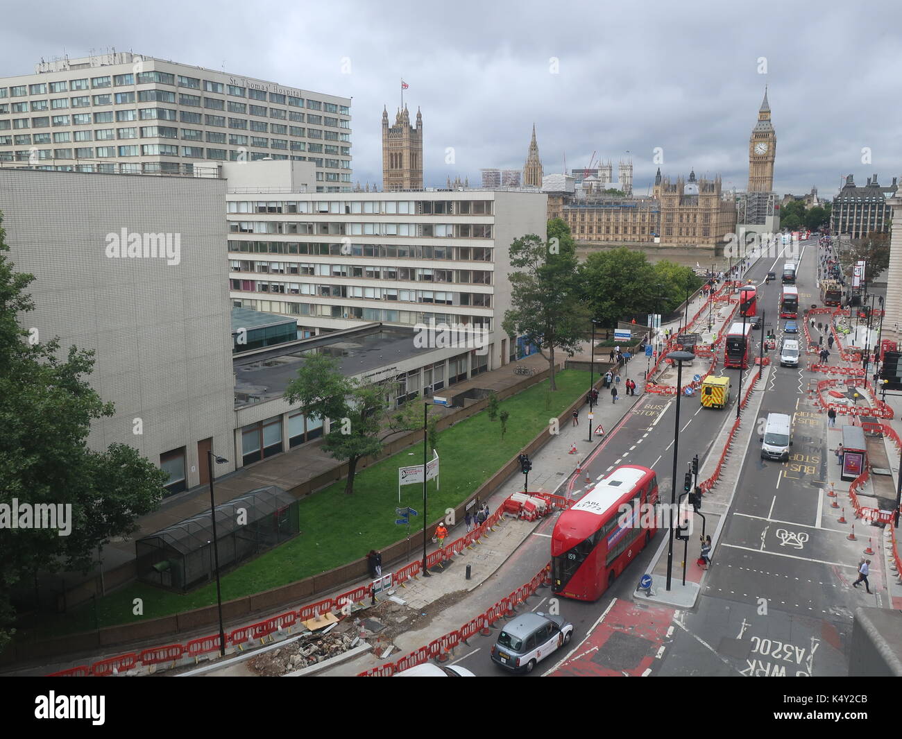 View of Westminster Bridge, Big Ben and St Thomas Hospital taken from the sixth floor of the Park Plaza hotel. London, UK. Stock Photo