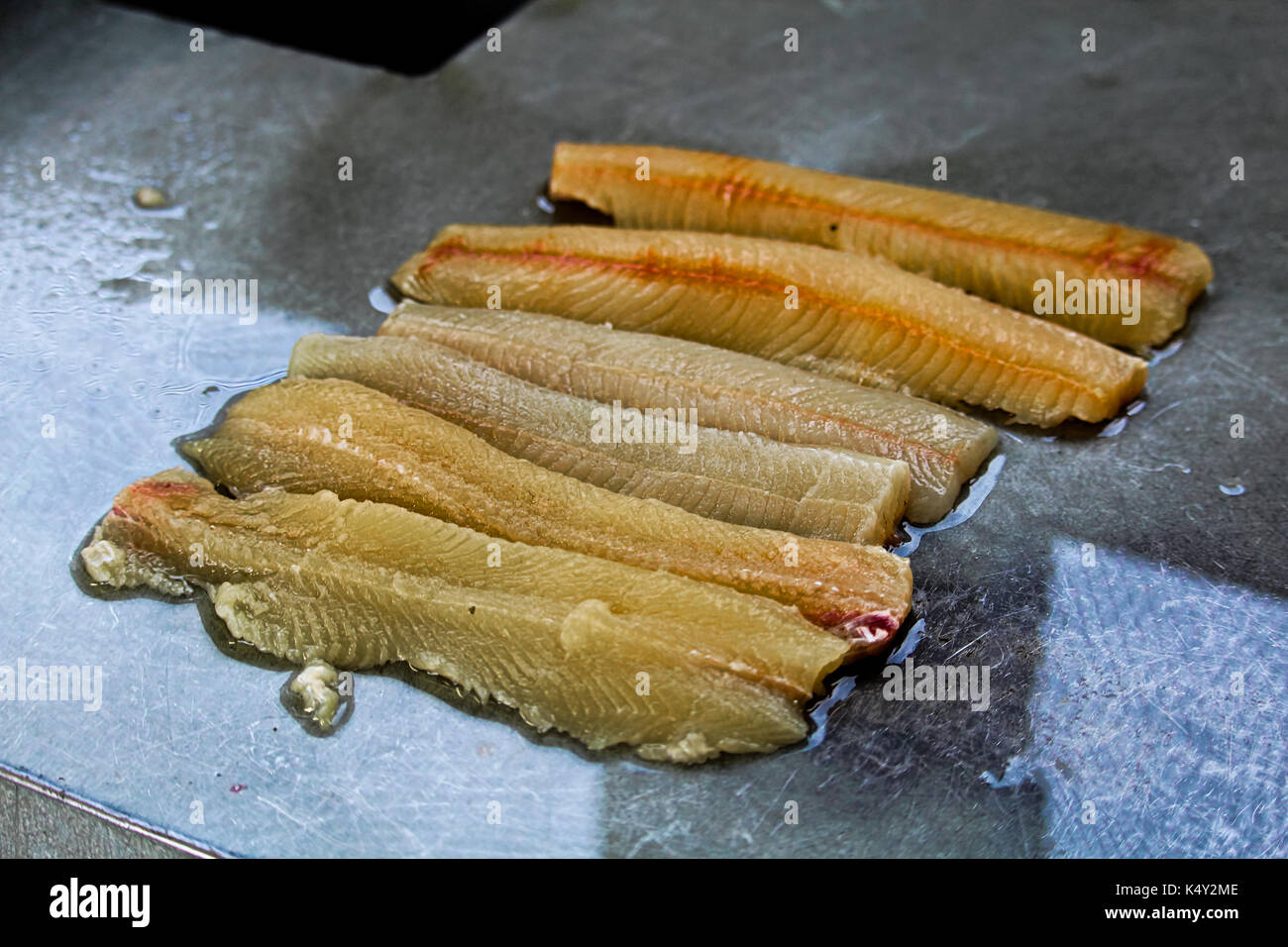 Fillets of northern pike prior to having ybones removed Stock Photo