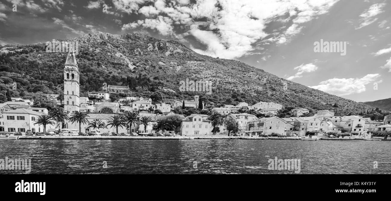 A little town in Montenegro - Perast, a view from yacht Stock Photo