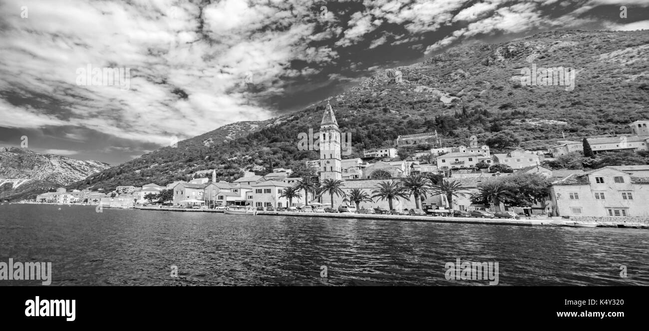 A little town in Montenegro - Perast, a view from yacht Stock Photo