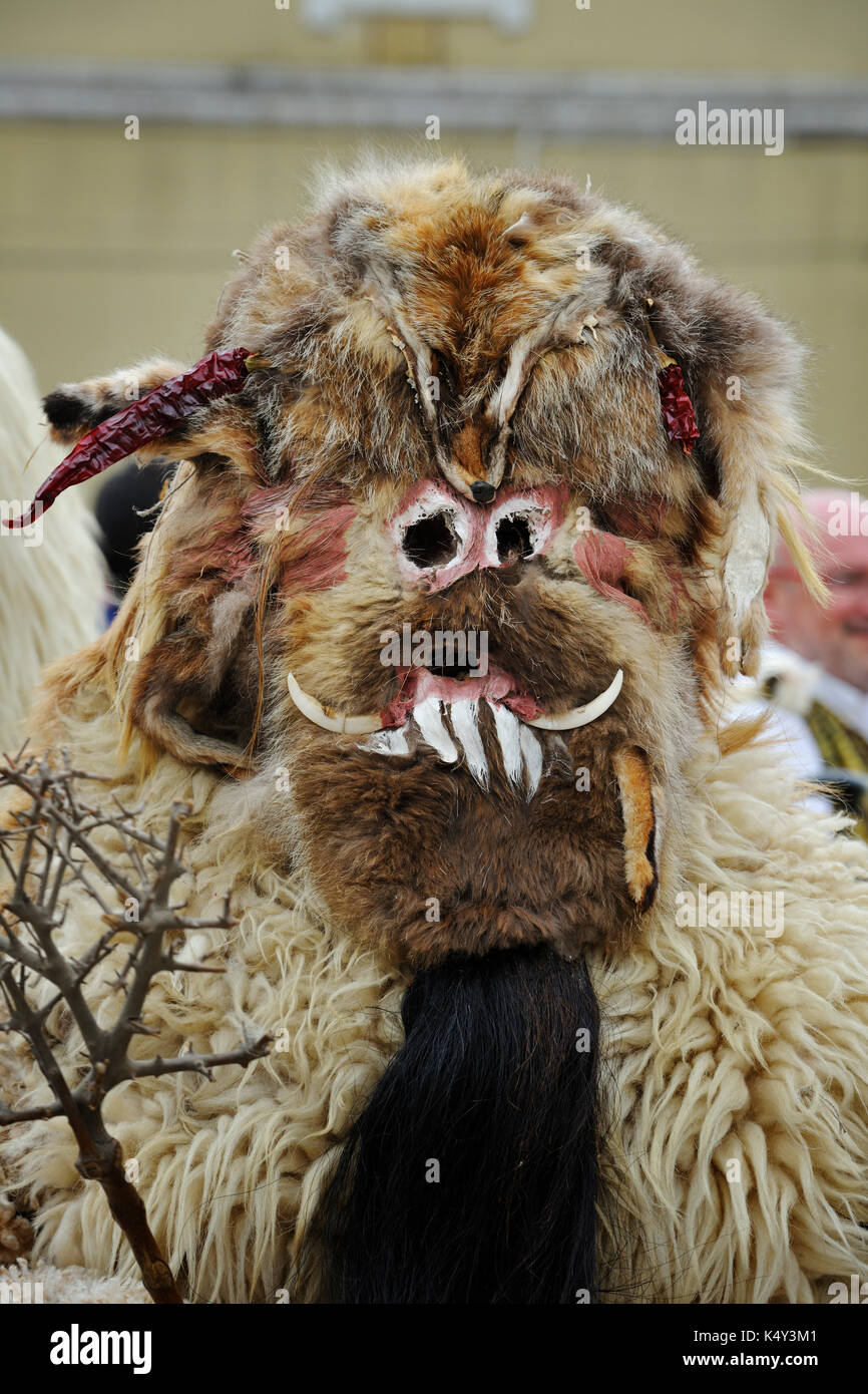 Iberian mask. Las Carantoñas de San Sebastián, Acehúche. Cáceres, Spain Stock Photo