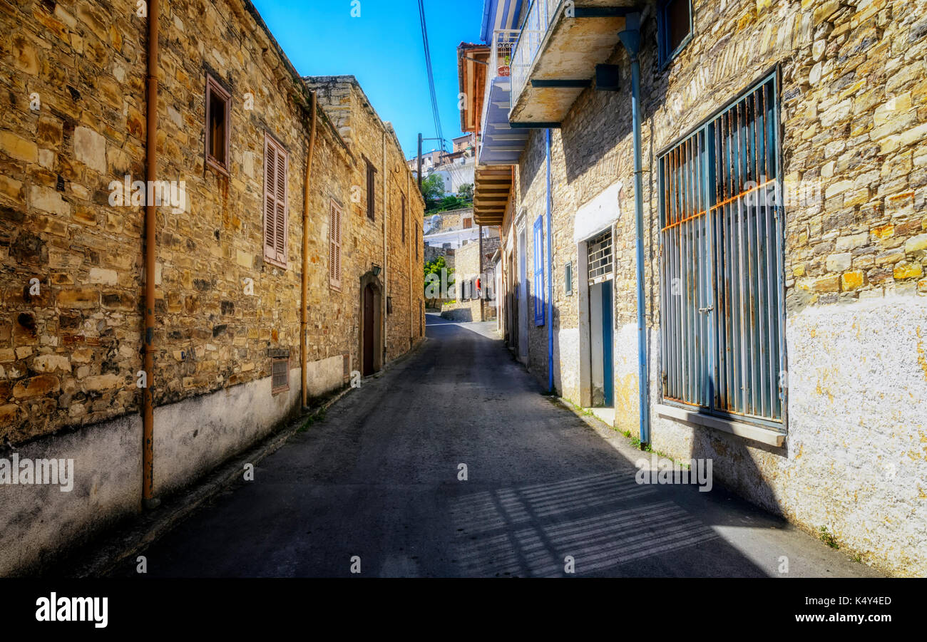 Narrow stone street in Kato Lefkara village. Larnaca District, Cyprus. Stock Photo