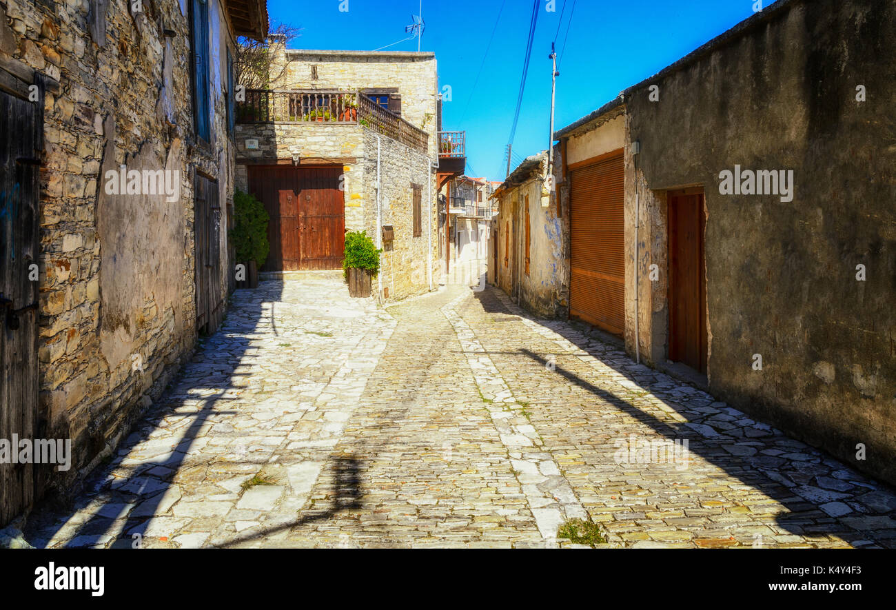 Narrow stone street in Kato Lefkara village. Larnaca District, Cyprus. Stock Photo