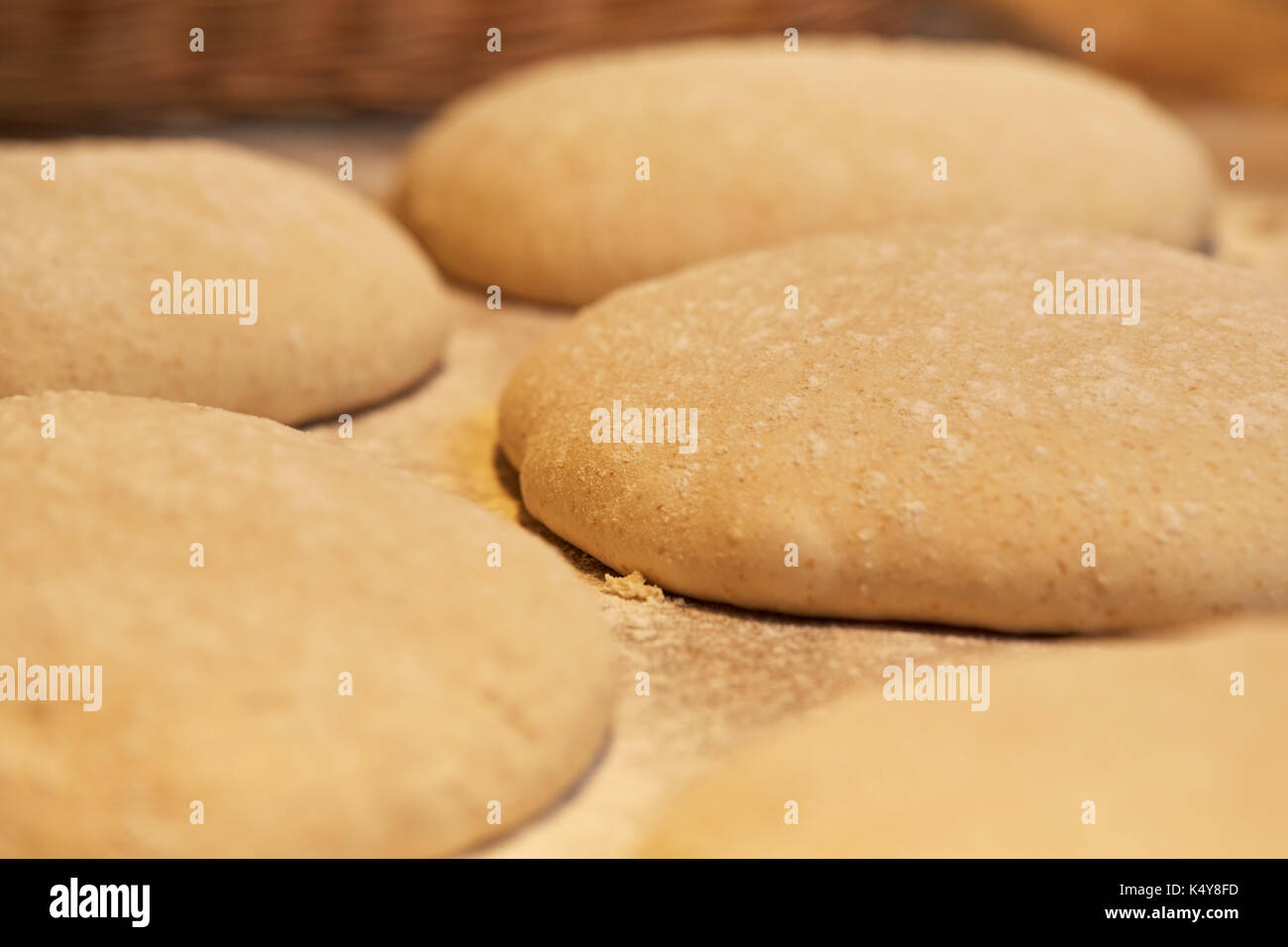 close up of yeast bread dough at bakery Stock Photo
