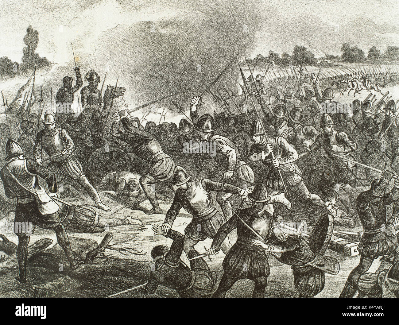 Italian War of 1551-1559. The Battle of Saint-Quentin (1557) with the decisive victory of the Spanish forces of Philip II over the French. Engraving. Stock Photo