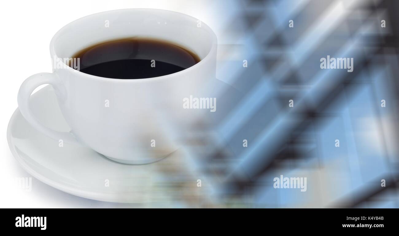 Digital composite of White coffee cup and blurry window transition Stock Photo