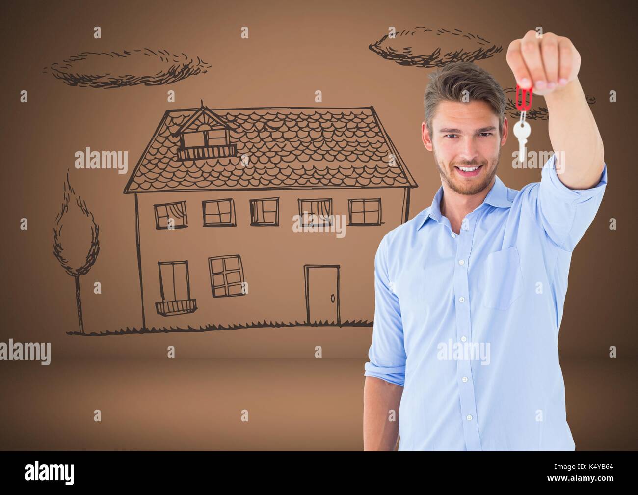 Digital composite of Man Holding keys with house home drawing in front ...
