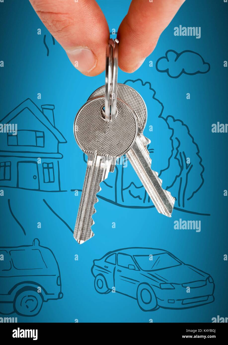 Digital composite of Hand Holding key with home drawing in front of