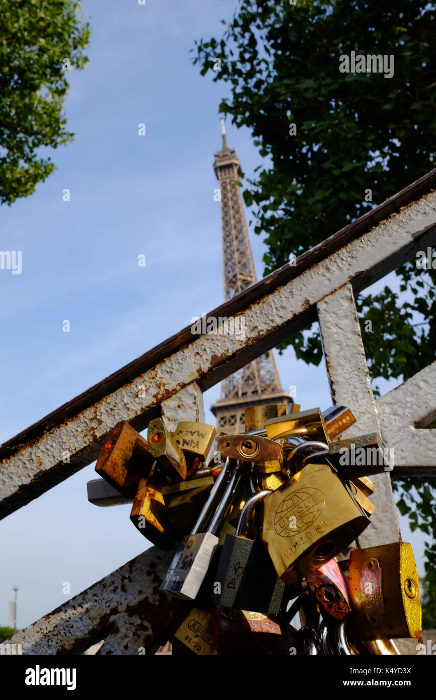 Love locks near the Eiffel Tower in Paris Stock Photo