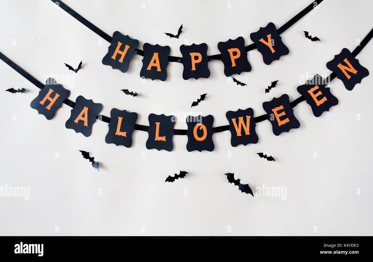 happy halloween party garland decoration and bats Stock Photo