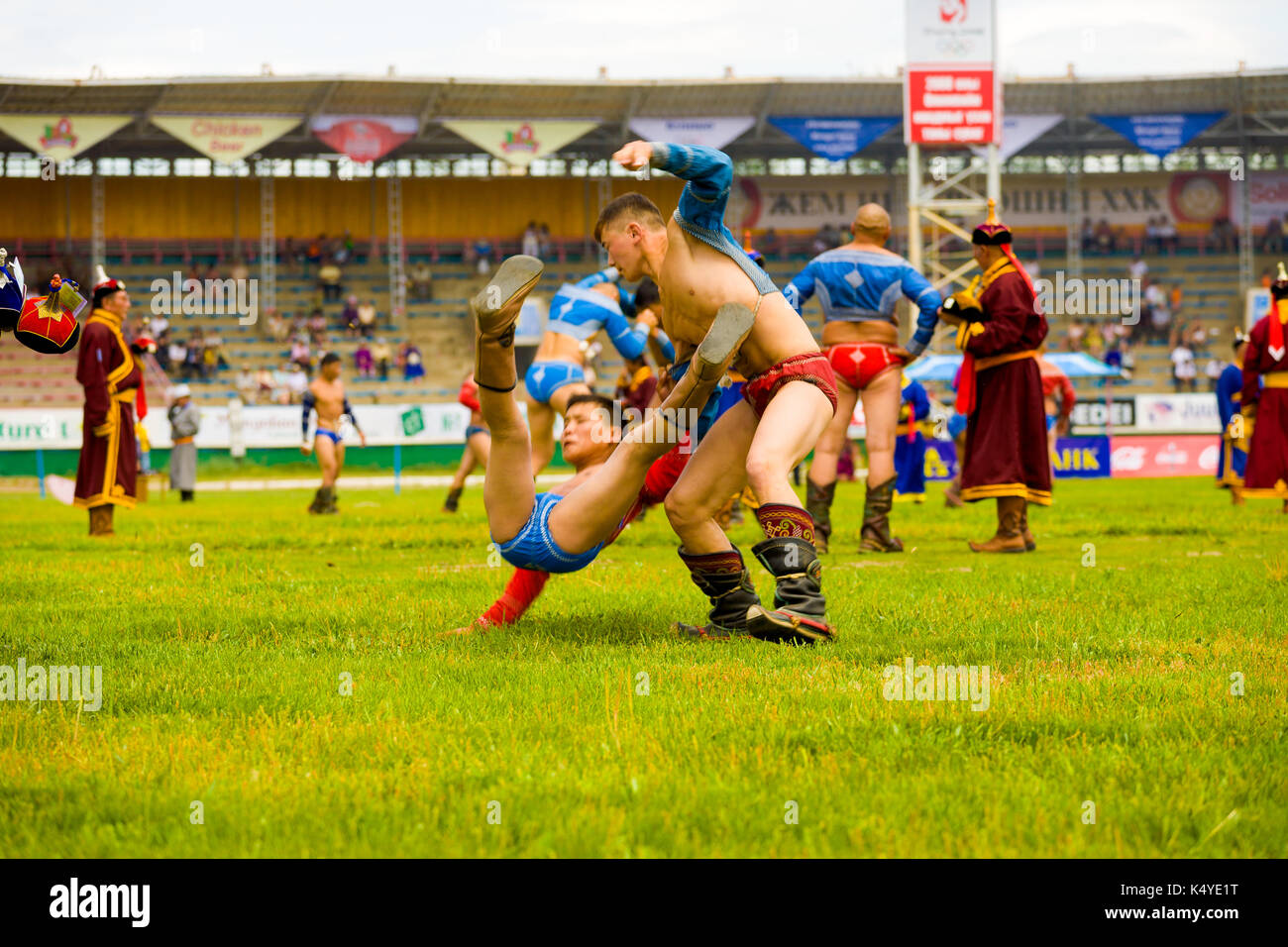 Ulaanbaatar, Mongolia June 11, 2007 Closeup of boy midair being