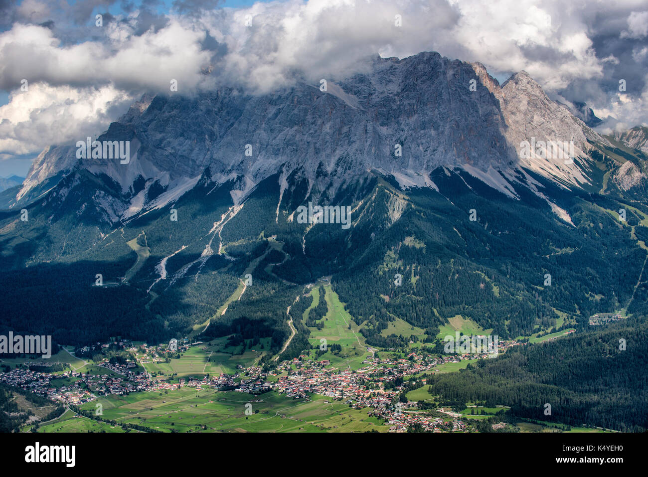The Zugspitze at 2,962m above sea level, is the highest peak of the Wetterstein Mountains as well as the highest mountain in Germany. Stock Photo