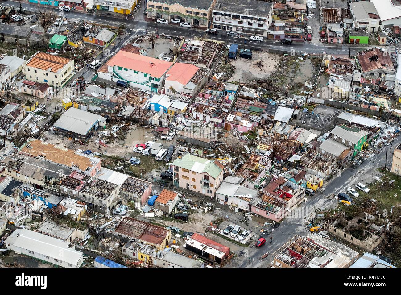 Philipsburg, St Maarten. 06th Sep, 2017. Massive destruction of the historic district on the Dutch island of St Maarten in the wake of a direct hit by Hurricane Irma, a Category 5 storm lashing the Caribbean September 6, 2017 in Philipsburg, St. Maarten. Imra is packing winds of 185-mph making it the strongest hurricane ever recorded in the Atlantic Ocean. (Gerben Van Es/Netherlands Defence Ministry via Planetpix) Stock Photo