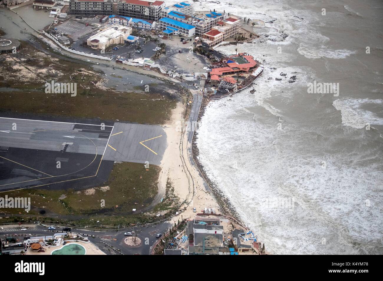 Philipsburg, St Maarten. 06th Sep, 2017. Massive destruction to the airport on the Dutch island of St Maarten following a direct hit by Hurricane Irma, a Category 5 storm lashing the Caribbean September 6, 2017 in Philipsburg, St. Maarten. Imra is packing winds of 185-mph making it the strongest hurricane ever recorded in the Atlantic Ocean. (Gerben Van Es/Netherlands Defence Ministry via Planetpix) Stock Photo