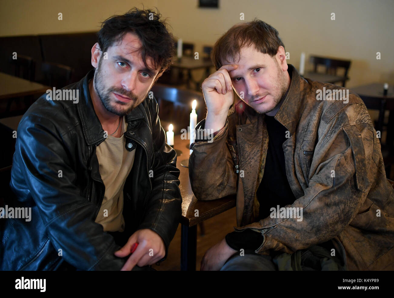 Berlin, Germany. 7th Sep, 2017. Guitarist Manuel Christoph Poppe (l) and  singer Michael Marco Fitzthum of the Austrian band Wanda, photographed  during an interview in Berlin, Germany, 7 September 2017. Photo: Britta