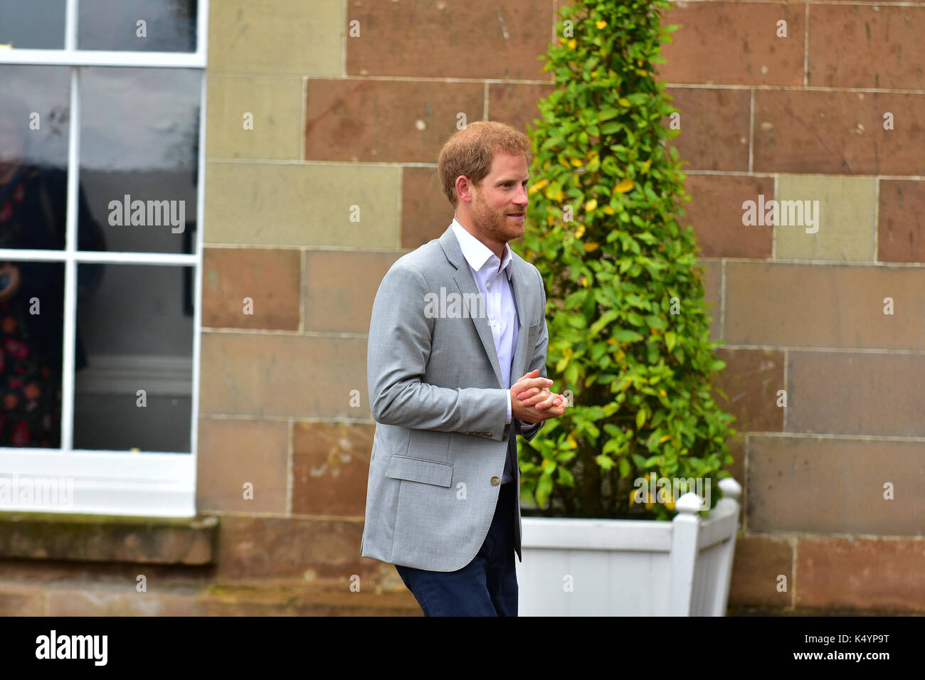 Moy, UK. 07th Sep, 2017. Prince Harry arrives at Hillsborough Castle on