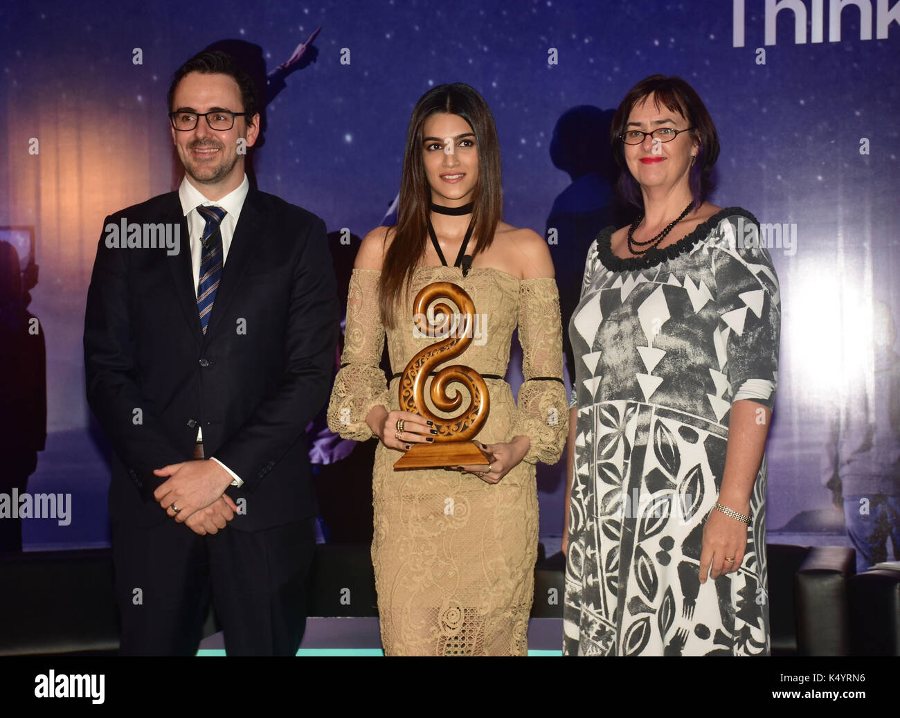 Mumbai, India. 7th Sep, 2017. L to R: Education New Zealand's Regional director John Laxon, Indian film Actress Kriti Sanon & Joanna Kempkers, New Zealand High Commissioner in India during announcement actress as the Indian Brand Ambassador for Education New Zealand at hotel Palladium in Mumbai. Credit: Azhar Khan/Alamy Live News Stock Photo