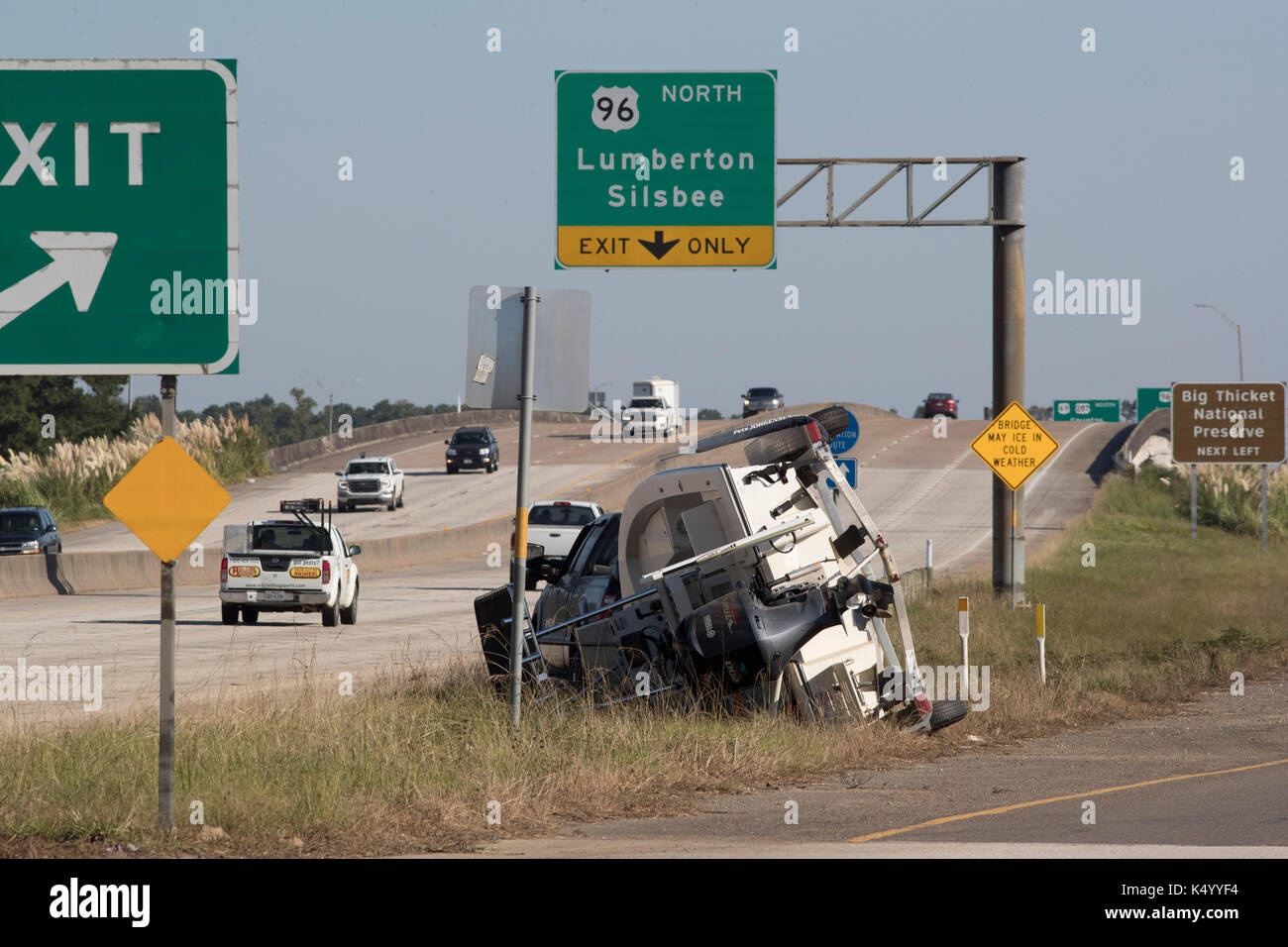 Lumberton, Texas USA Sept. 7, 2017 An overturned motorboat sits in the