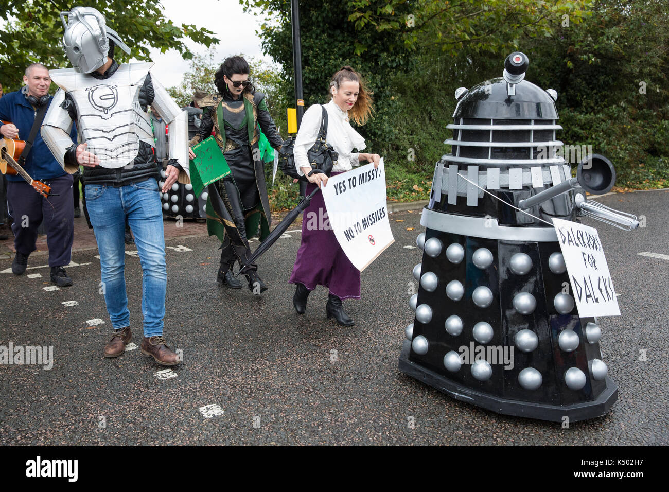 London, UK. 8th Sep, 2017. Daleks and other super villains protest against the DSEI arms fair to be held at the ExCel Centre next week. DSEI is one of the world's largest arms fairs and military delegations from states believed to be responsible for widespread abuses of human rights are expected to attend. Credit: Mark Kerrison/Alamy Live News Stock Photo