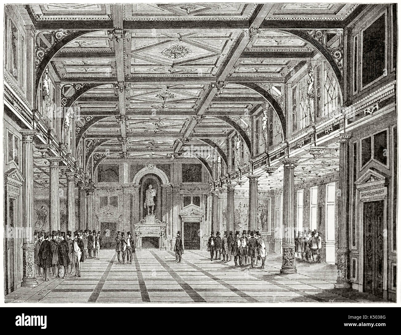 Frontal perspective view of an ancient big luxury room with high coffered ceiling and columns. Exchange hall in the Old Stock-Exchange in Copenhagen Denmark. By Therond on Le Tour du Monde Paris 1862 Stock Photo