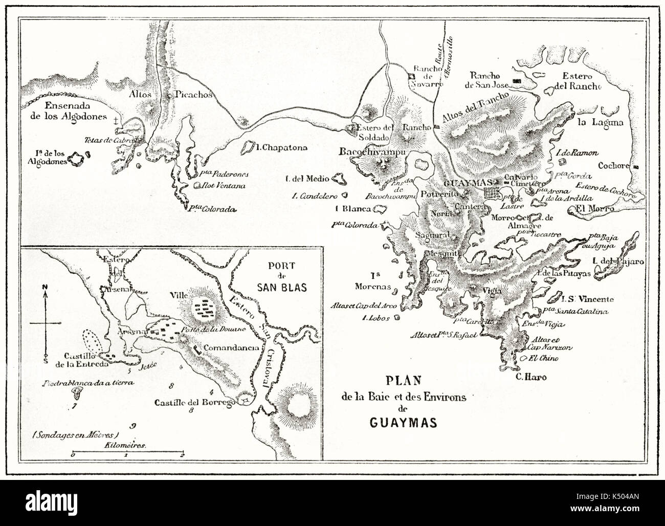 Ancient topographic map of Guaymas bay Mexico. By unidentified author published on Le Tour du Monde Paris 1862 Stock Photo