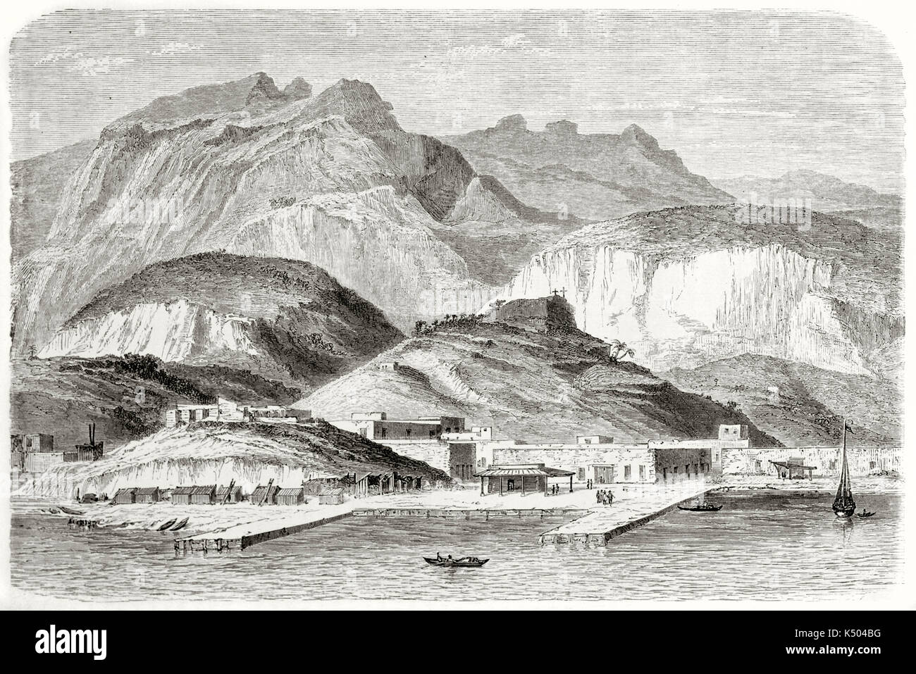 Ancient sea port with high hills behind, peaceful context in a mexican landscape. Old view Guaymas Sonora state Mexico. Created by Lancelot after Vigneaux published on Le Tour du Monde Paris 1862 Stock Photo
