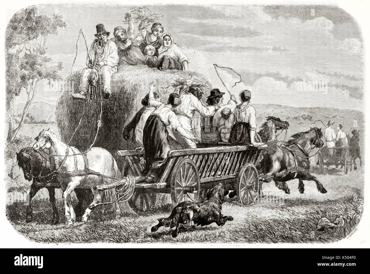 Ancient farmer family on a bale of hay on a wagon carried by horses in a rural context. Haymaking in Funen island Denmark. Created by Frolik published on Le Tour du Monde Paris 1862 Stock Photo