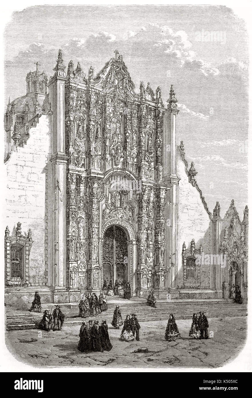 Ancient majestic richly decorated entrance of a stone cathedral. Mexico city metropolitan cathedral main portal. Created by Catenacci after photo of Charnay published on Le Tour du Monde Paris 1862 Stock Photo